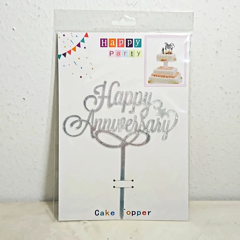 NIP Happy party happy anniversary acrylic silver cake topper